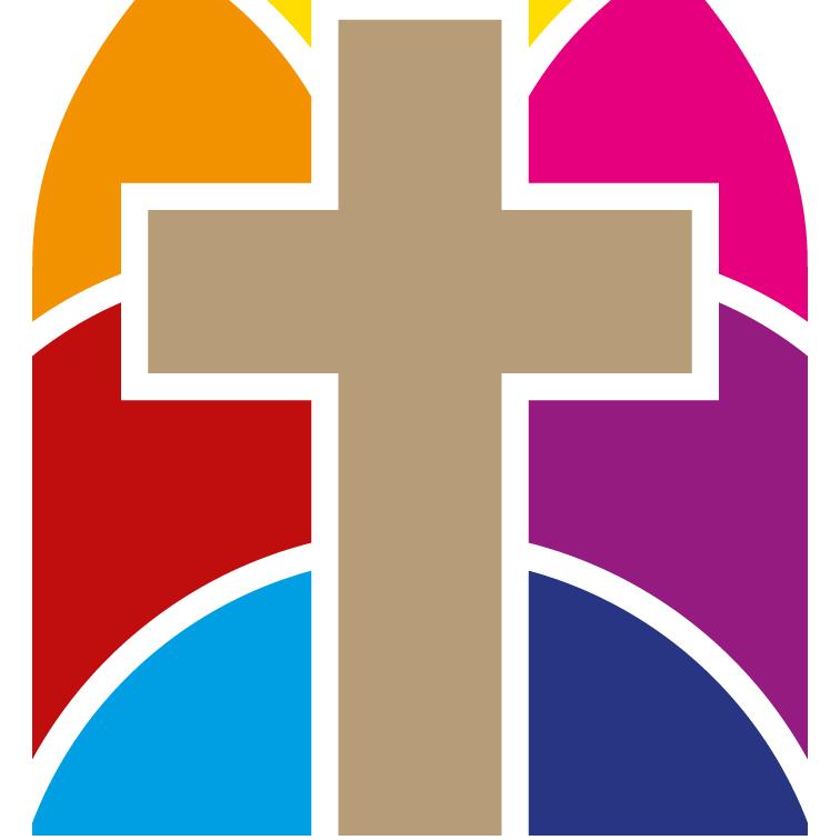 buntes Kirchenfenster mit 10 Feldern Mitte ein Kreuz